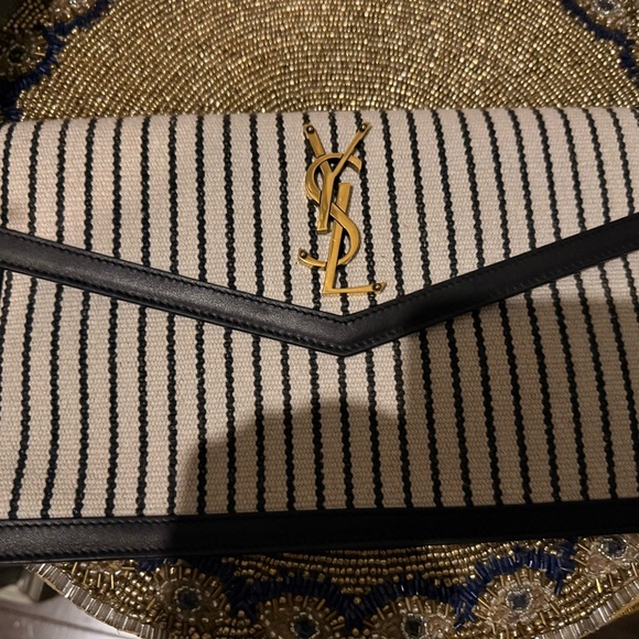 Yves Saint Laurent Uptown Canvas Striped Clutch Cream Black YSL Gold Hardware - Picture 14 of 14